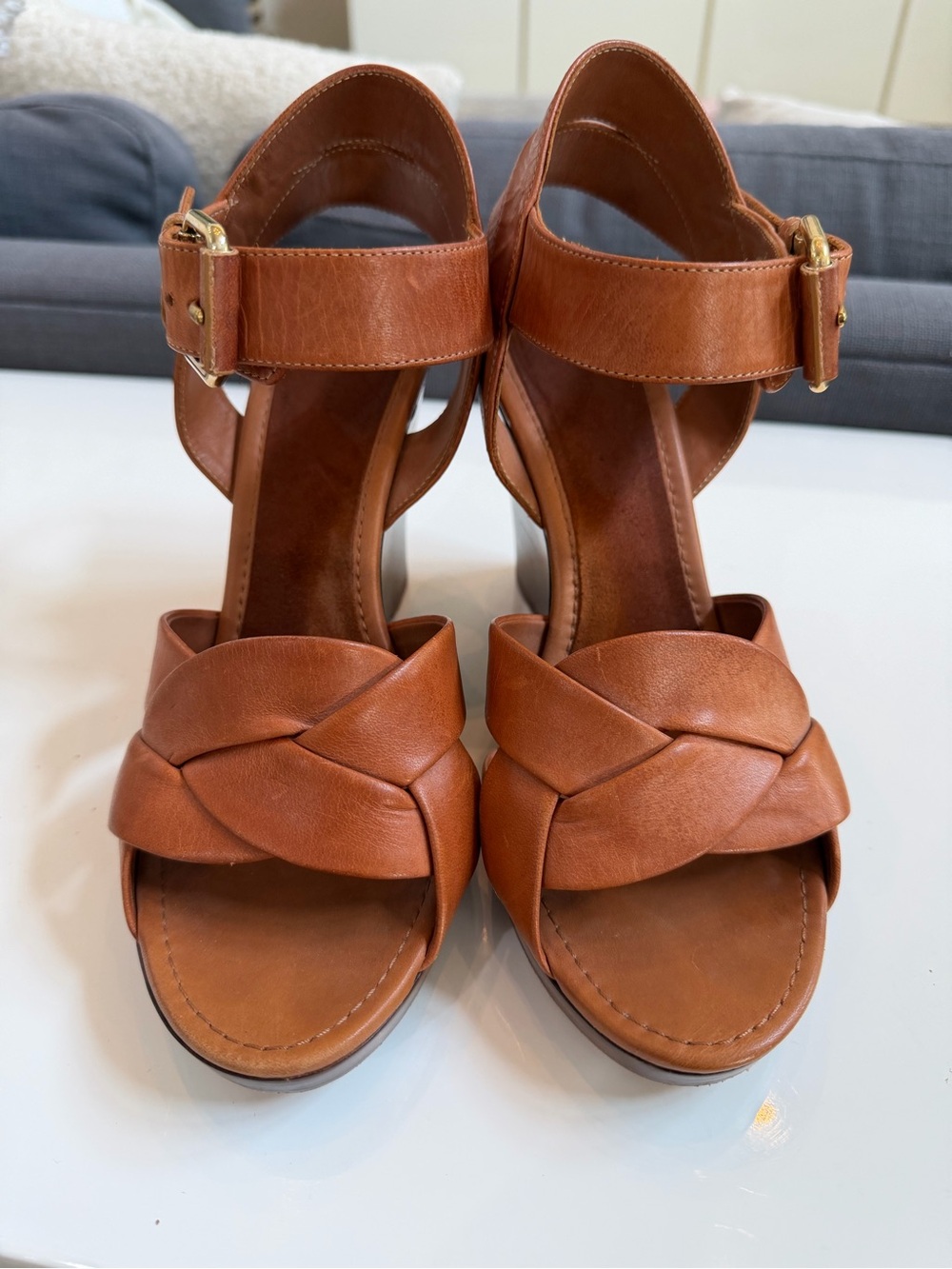 Celine Braided Leather Ankle-Strap Sandals in Tan